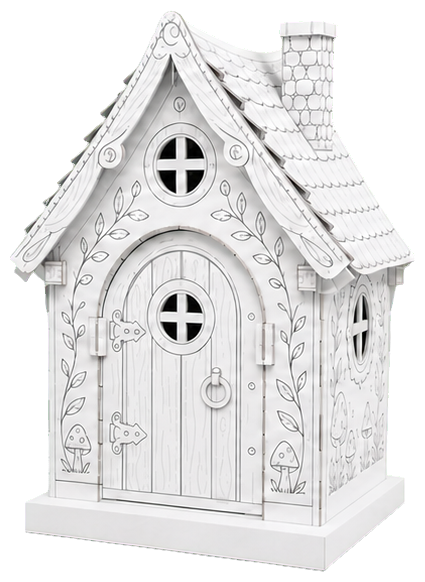 The white cardboard cottage kit, printed with line art and not yet coloured